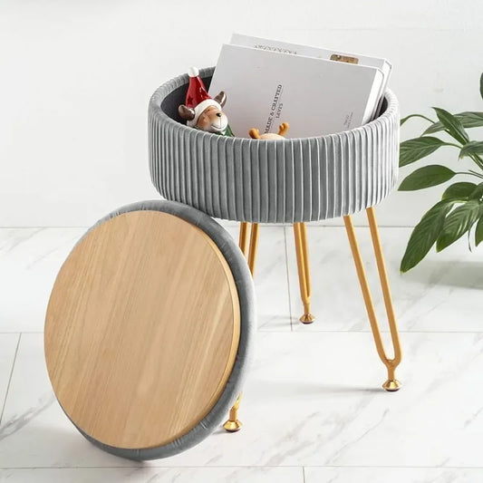 Grey Vanity Stool with Gold Legs,18” Height, Small Storage Ottoman Foot Ottoman Rest for Living Room